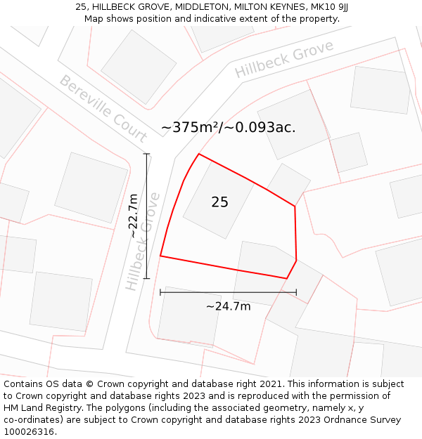 25, HILLBECK GROVE, MIDDLETON, MILTON KEYNES, MK10 9JJ: Plot and title map