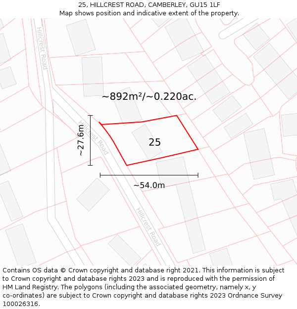 25, HILLCREST ROAD, CAMBERLEY, GU15 1LF: Plot and title map