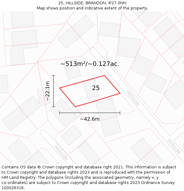 25, HILLSIDE, BRANDON, IP27 0NN: Plot and title map