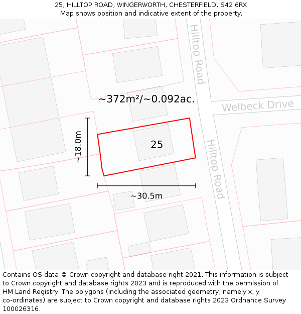 25, HILLTOP ROAD, WINGERWORTH, CHESTERFIELD, S42 6RX: Plot and title map