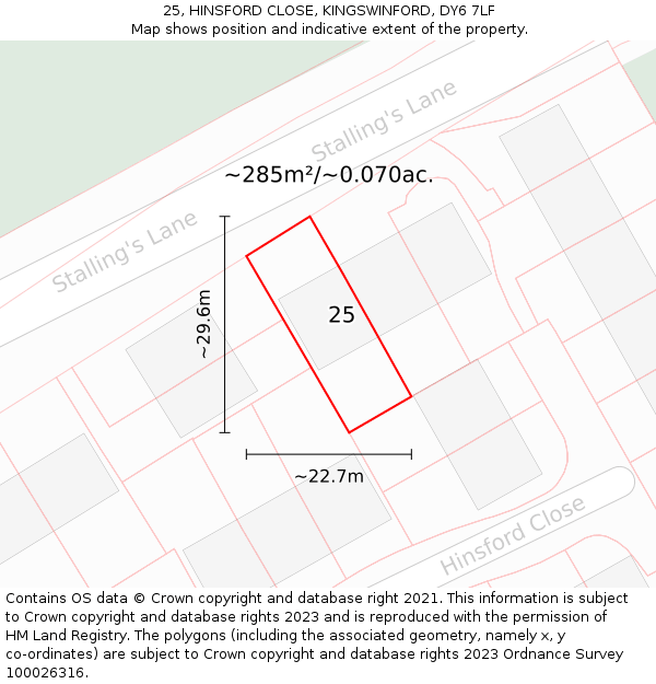 25, HINSFORD CLOSE, KINGSWINFORD, DY6 7LF: Plot and title map