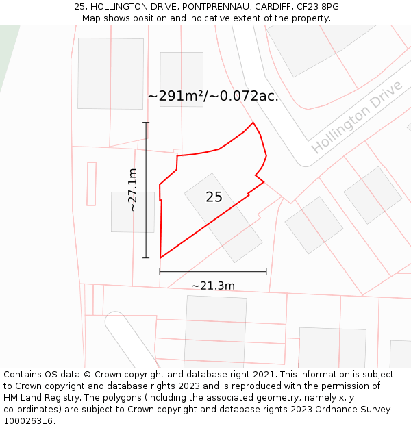 25, HOLLINGTON DRIVE, PONTPRENNAU, CARDIFF, CF23 8PG: Plot and title map