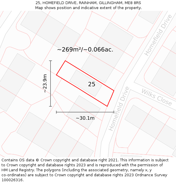 25, HOMEFIELD DRIVE, RAINHAM, GILLINGHAM, ME8 8RS: Plot and title map