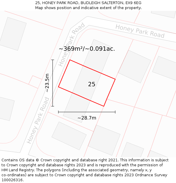 25, HONEY PARK ROAD, BUDLEIGH SALTERTON, EX9 6EG: Plot and title map