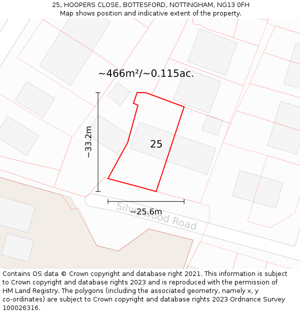 25, HOOPERS CLOSE, BOTTESFORD, NOTTINGHAM, NG13 0FH: Plot and title map