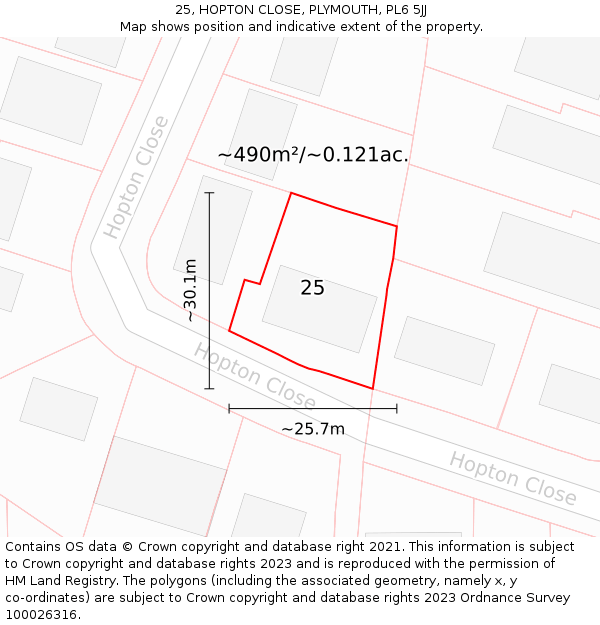 25, HOPTON CLOSE, PLYMOUTH, PL6 5JJ: Plot and title map