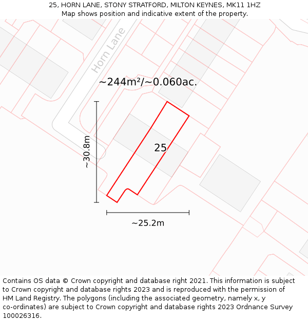 25, HORN LANE, STONY STRATFORD, MILTON KEYNES, MK11 1HZ: Plot and title map