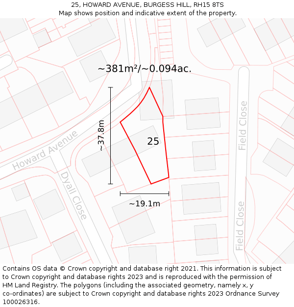 25, HOWARD AVENUE, BURGESS HILL, RH15 8TS: Plot and title map