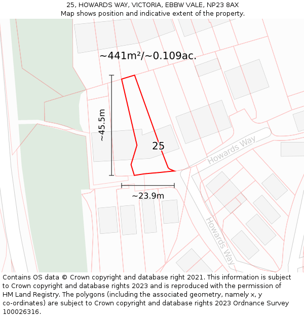 25, HOWARDS WAY, VICTORIA, EBBW VALE, NP23 8AX: Plot and title map