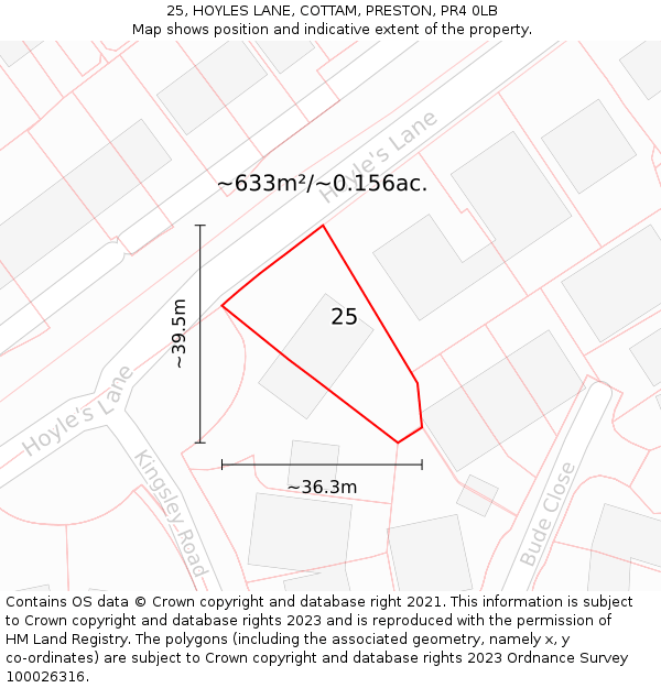 25, HOYLES LANE, COTTAM, PRESTON, PR4 0LB: Plot and title map