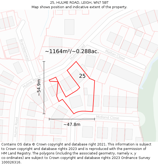 25, HULME ROAD, LEIGH, WN7 5BT: Plot and title map