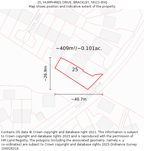 25, HUMPHRIES DRIVE, BRACKLEY, NN13 6NQ: Plot and title map