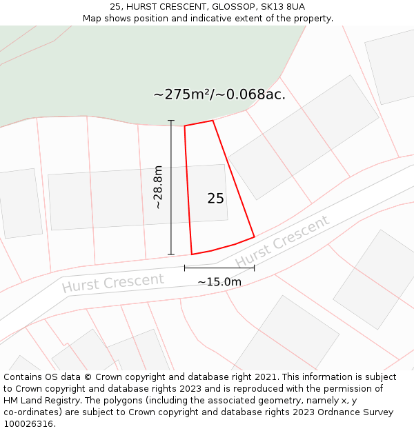 25, HURST CRESCENT, GLOSSOP, SK13 8UA: Plot and title map