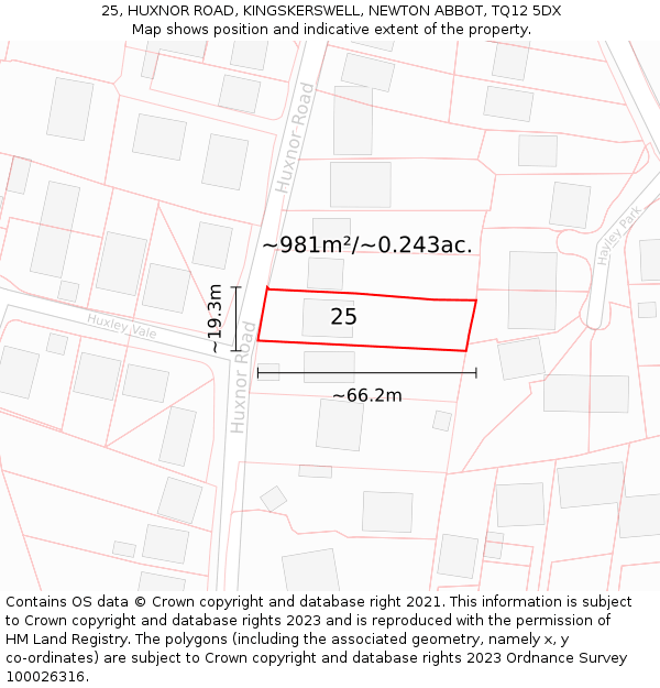 25, HUXNOR ROAD, KINGSKERSWELL, NEWTON ABBOT, TQ12 5DX: Plot and title map