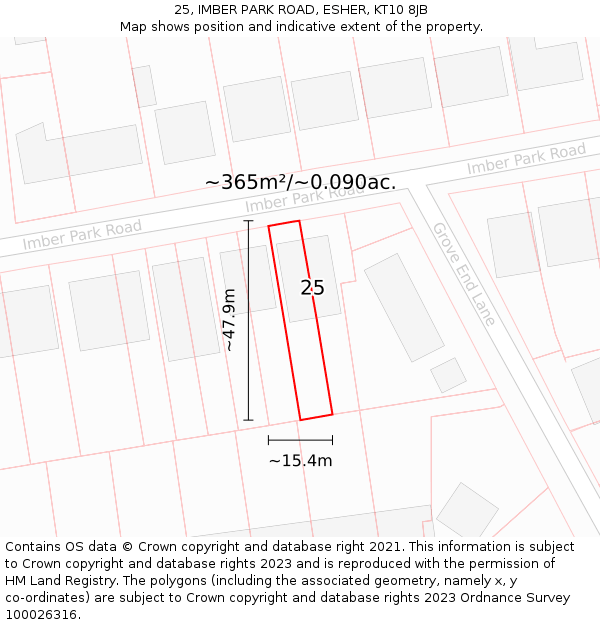 25, IMBER PARK ROAD, ESHER, KT10 8JB: Plot and title map