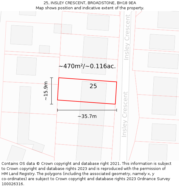 25, INSLEY CRESCENT, BROADSTONE, BH18 9EA: Plot and title map