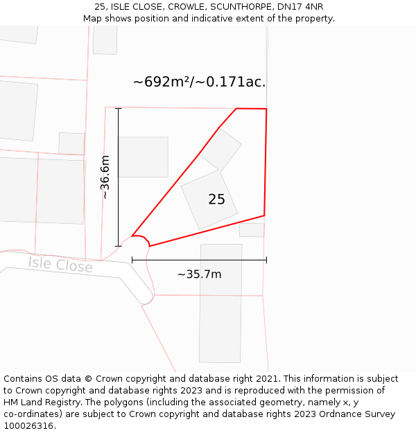 25, ISLE CLOSE, CROWLE, SCUNTHORPE, DN17 4NR: Plot and title map