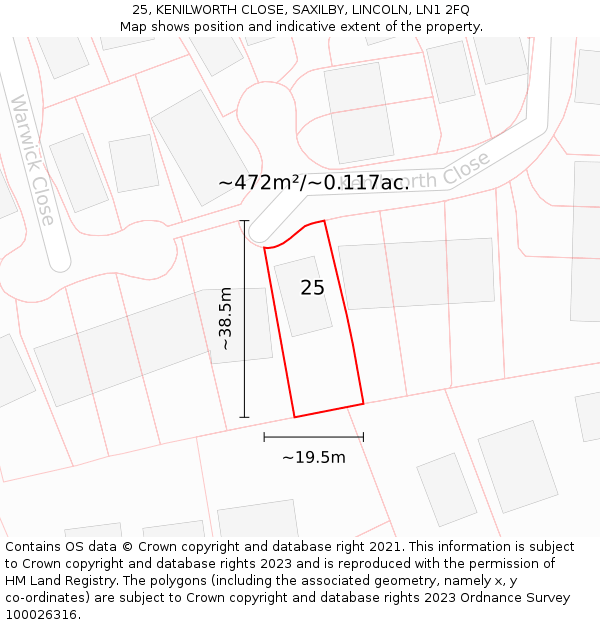 25, KENILWORTH CLOSE, SAXILBY, LINCOLN, LN1 2FQ: Plot and title map