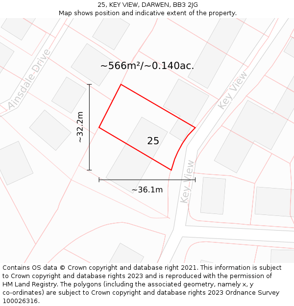 25, KEY VIEW, DARWEN, BB3 2JG: Plot and title map