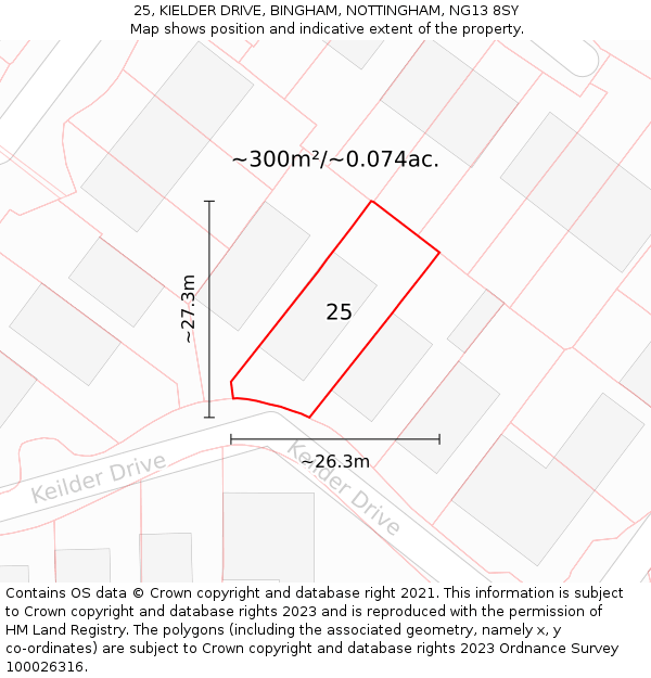 25, KIELDER DRIVE, BINGHAM, NOTTINGHAM, NG13 8SY: Plot and title map