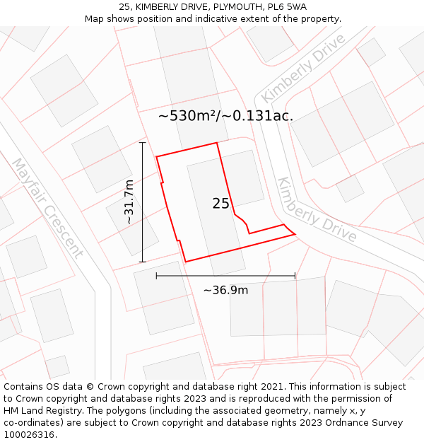25, KIMBERLY DRIVE, PLYMOUTH, PL6 5WA: Plot and title map