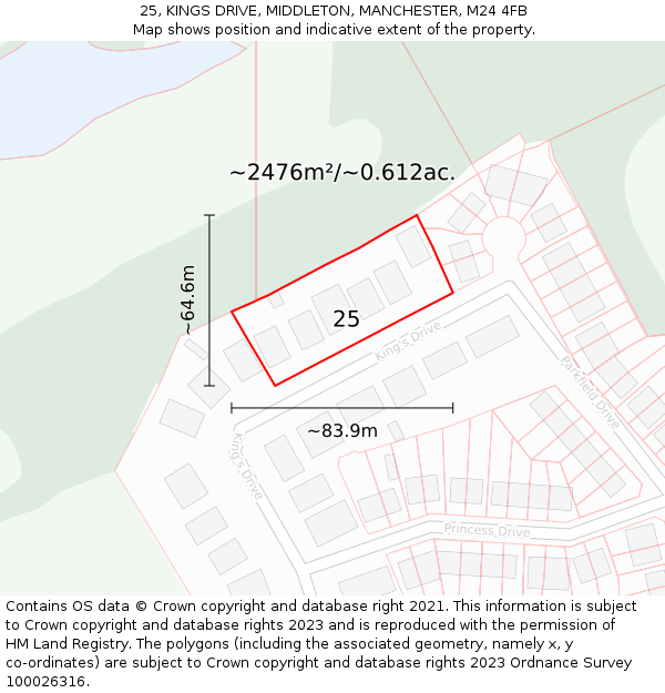 25, KINGS DRIVE, MIDDLETON, MANCHESTER, M24 4FB: Plot and title map