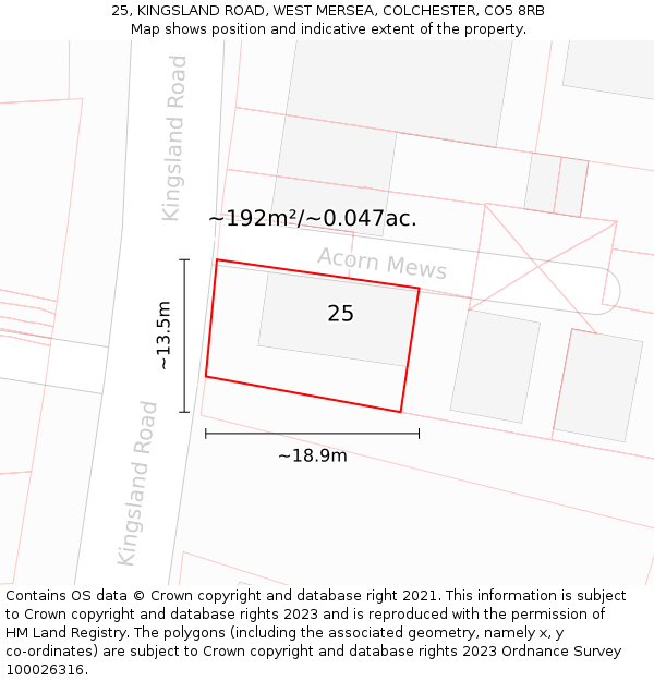 25, KINGSLAND ROAD, WEST MERSEA, COLCHESTER, CO5 8RB: Plot and title map