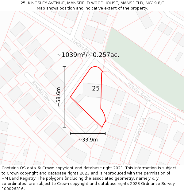 25, KINGSLEY AVENUE, MANSFIELD WOODHOUSE, MANSFIELD, NG19 8JG: Plot and title map