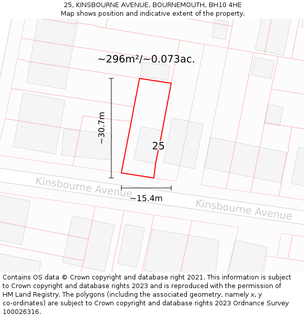 25, KINSBOURNE AVENUE, BOURNEMOUTH, BH10 4HE: Plot and title map