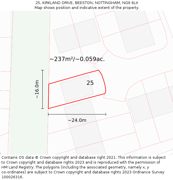 25, KIRKLAND DRIVE, BEESTON, NOTTINGHAM, NG9 6LX: Plot and title map