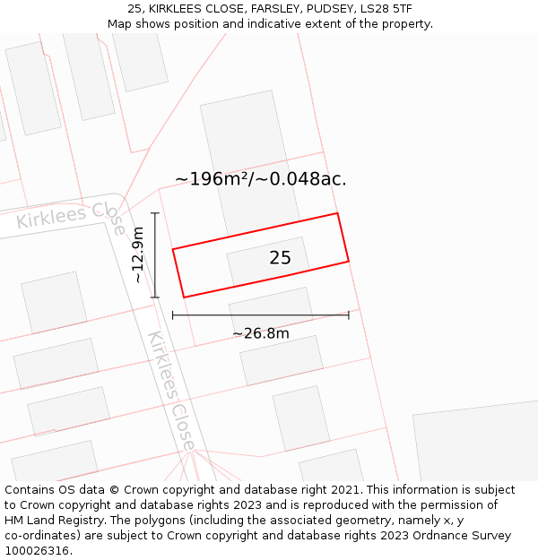 25, KIRKLEES CLOSE, FARSLEY, PUDSEY, LS28 5TF: Plot and title map