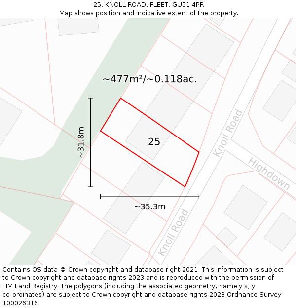 25, KNOLL ROAD, FLEET, GU51 4PR: Plot and title map