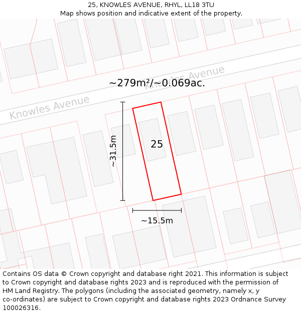 25, KNOWLES AVENUE, RHYL, LL18 3TU: Plot and title map