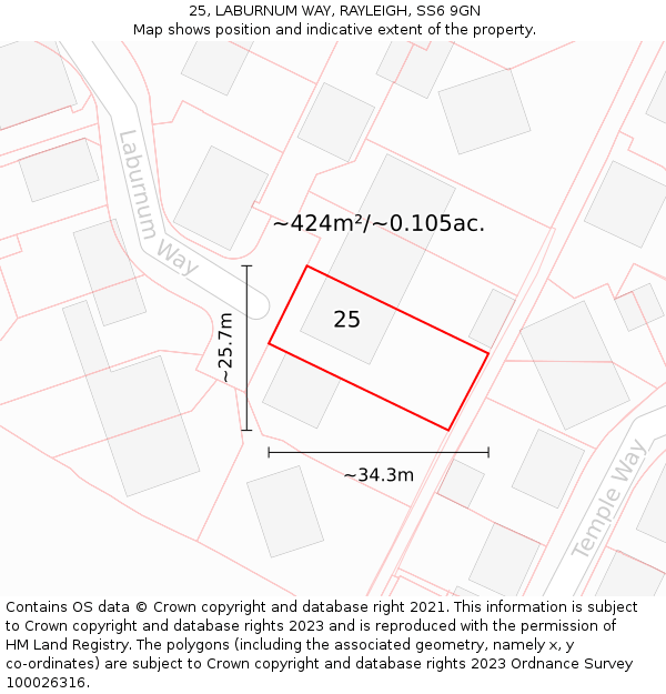 25, LABURNUM WAY, RAYLEIGH, SS6 9GN: Plot and title map