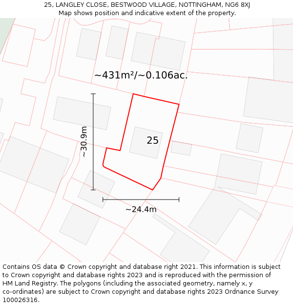 25, LANGLEY CLOSE, BESTWOOD VILLAGE, NOTTINGHAM, NG6 8XJ: Plot and title map