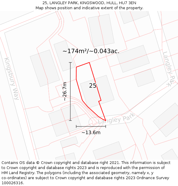 25, LANGLEY PARK, KINGSWOOD, HULL, HU7 3EN: Plot and title map