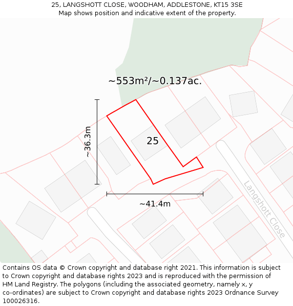 25, LANGSHOTT CLOSE, WOODHAM, ADDLESTONE, KT15 3SE: Plot and title map