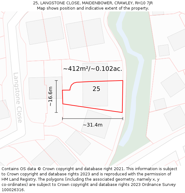 25, LANGSTONE CLOSE, MAIDENBOWER, CRAWLEY, RH10 7JR: Plot and title map