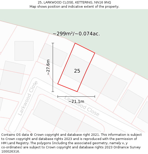 25, LARKWOOD CLOSE, KETTERING, NN16 9NQ: Plot and title map