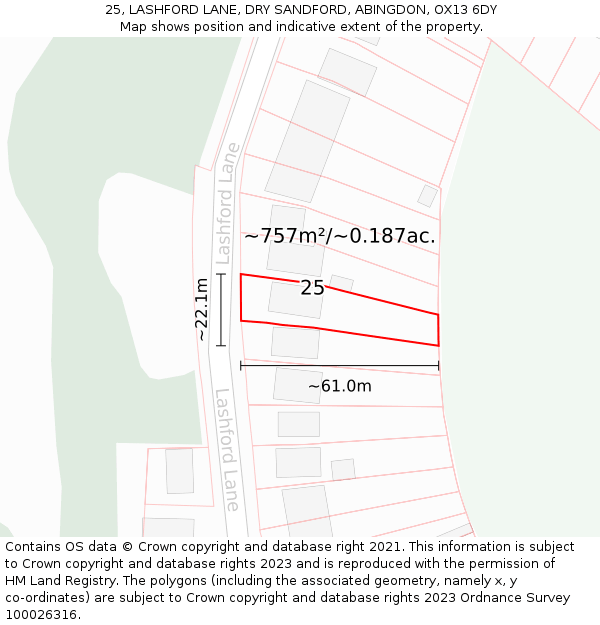 25, LASHFORD LANE, DRY SANDFORD, ABINGDON, OX13 6DY: Plot and title map