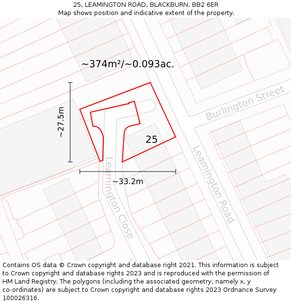 25, LEAMINGTON ROAD, BLACKBURN, BB2 6ER: Plot and title map