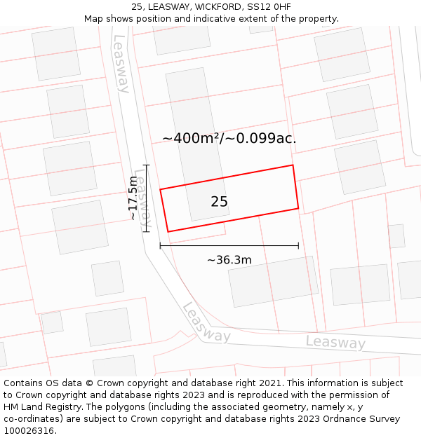 25, LEASWAY, WICKFORD, SS12 0HF: Plot and title map