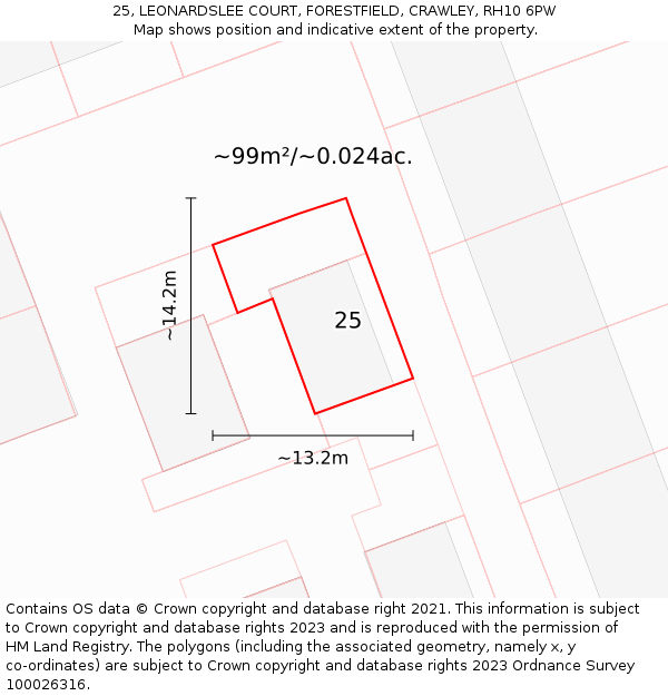 25, LEONARDSLEE COURT, FORESTFIELD, CRAWLEY, RH10 6PW: Plot and title map