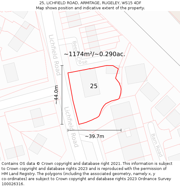 25, LICHFIELD ROAD, ARMITAGE, RUGELEY, WS15 4DF: Plot and title map