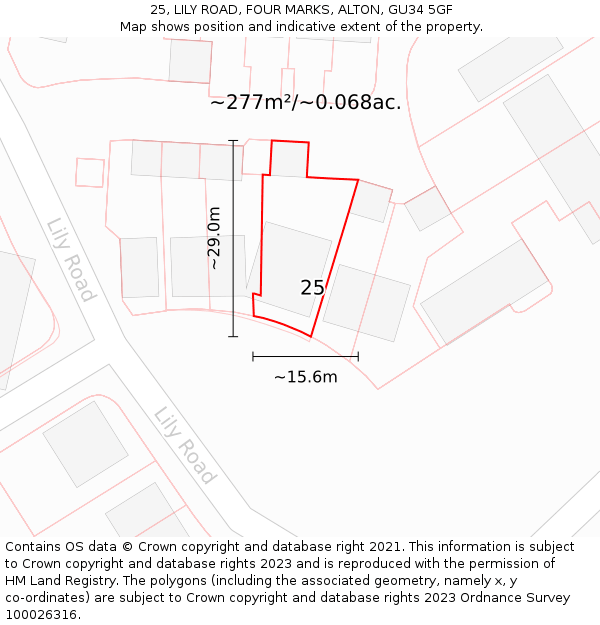 25, LILY ROAD, FOUR MARKS, ALTON, GU34 5GF: Plot and title map