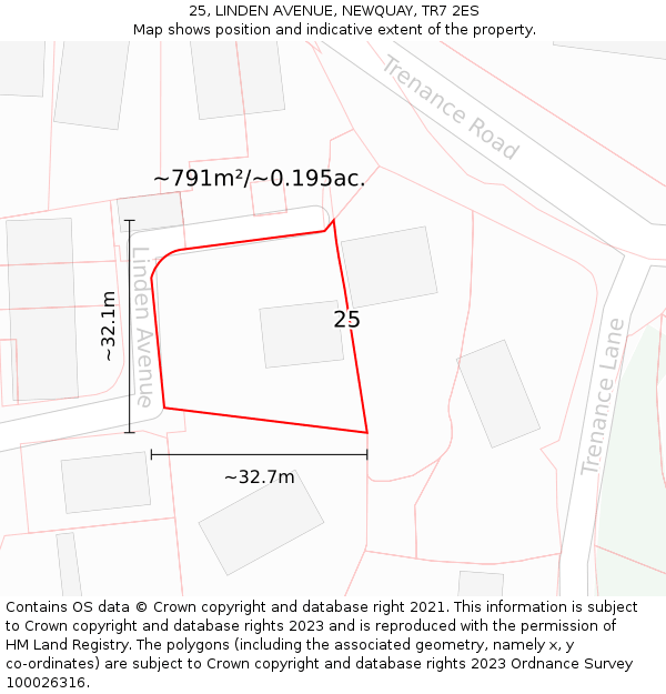 25, LINDEN AVENUE, NEWQUAY, TR7 2ES: Plot and title map