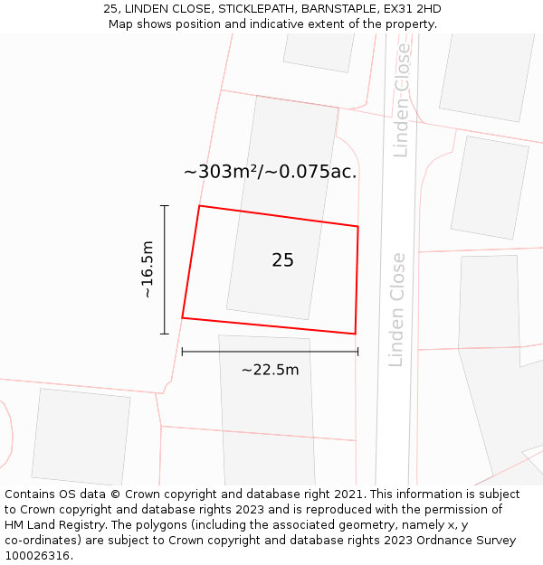 25, LINDEN CLOSE, STICKLEPATH, BARNSTAPLE, EX31 2HD: Plot and title map