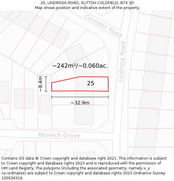 25, LINDROSA ROAD, SUTTON COLDFIELD, B74 3JY: Plot and title map