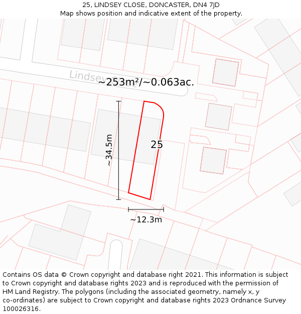 25, LINDSEY CLOSE, DONCASTER, DN4 7JD: Plot and title map