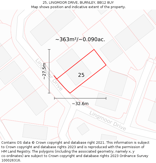 25, LINGMOOR DRIVE, BURNLEY, BB12 8UY: Plot and title map